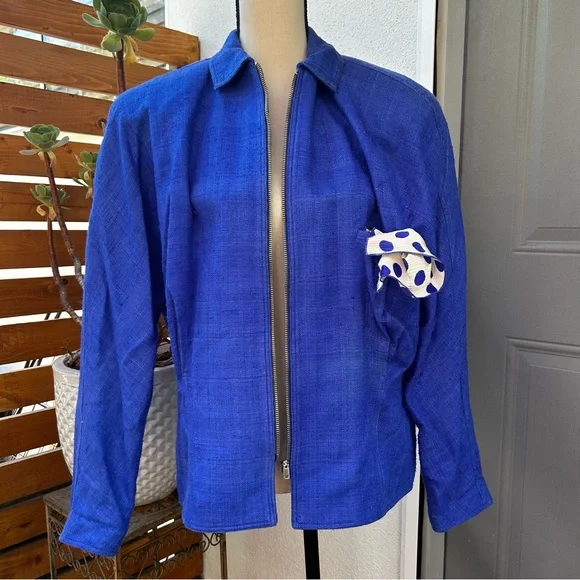 CiaoSport Ltd Vintage Silk Blue Jacket Polka Dot Pocket Handkerchief Accent Sz 8 - Picture 1 of 10